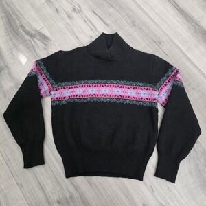 Vintage 100% Wool Black Fair Isle Outdoorsman Turtleneck Sweater Womens